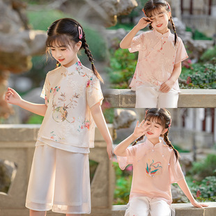 女童短袖雪纺刺绣汉服，2023中国风套装宝宝上衣，裙子儿童民族仙女