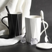陶瓷杯简约马克杯带盖勺喝水杯，高档咖啡杯情侣办公室，家用男生水杯