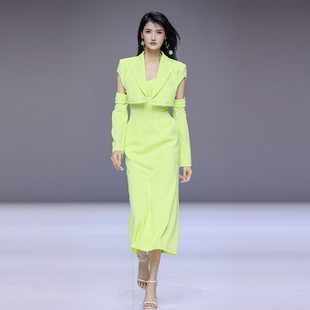 maggiema西装设计师款，柳黄荧光绿性感断袖，绑带设计高腰西装