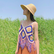 旅行女装波西米亚镂空针织罩衫短款流苏针织吊带背心民族风上衣新