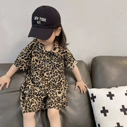 女童豹纹夏季套装2024女宝宝中性款休闲男童衬衫韩版两件套潮