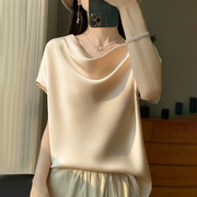丝绸真丝法式短袖T恤女宽松夏丝滑缎面纯色上衣垂褶领荡领直身版