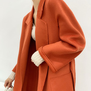 超显白橘色(白橘色)双面羊绒，大衣女秋冬中长款宽松羊毛水波纹毛呢外套
