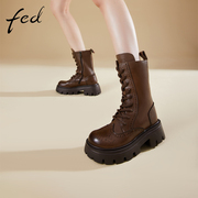 fed厚底马丁靴，冬季加绒靴子系带复古中筒靴，皮靴女1126-zc539