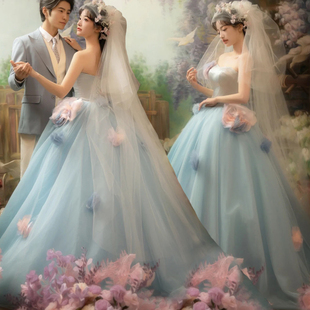 影楼主题蓝色抹胸拖尾婚纱复古甜美油画，风花仙子情侣摄影拍照婚纱