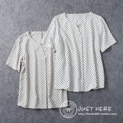 日本原单2024夏女士简约通勤V领套头衬衫出口外贸皱褶短袖雪纺衫