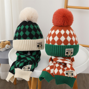 儿童帽子围巾两件套秋冬季男女童菱形针织毛线帽加厚保暖宝宝套帽