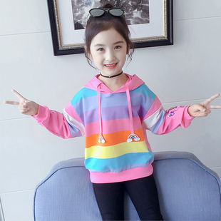 女童春装t恤2023韩版中大童连帽，彩虹条纹长袖拼色女孩卫衣潮