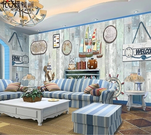 3D客厅卧室复古壁纸地中海蓝色木板竖条纹壁画背景墙全屋定制墙纸