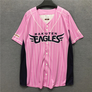 日本棒球队撞色字母开衫hiphop棒球，服t短袖女复古条纹粉色球衣潮