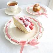 法式复古奶油色浮雕花边陶瓷盘婚礼蛋糕点心盘下午茶水果盘牛排盘
