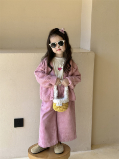 2023秋季韩版甜美系童装女童，粉色麻花毛衣开衫毛线外套套装