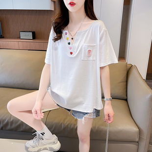 小众设计感短袖t恤女夏季韩版宽松大码小个子v领短款正肩半袖上衣