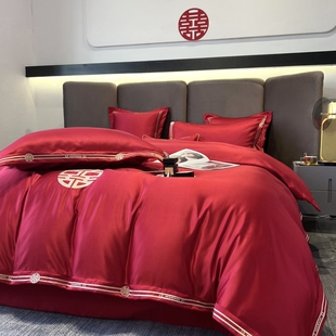 中式简约结婚四件套大红色床单被套婚庆床上用品婚房