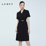 LANCY/朗姿2022年夏季法式西装连衣裙收腰短袖黑色中长裙子女
