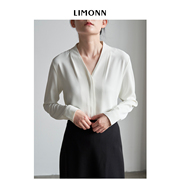 LIMONN 通勤气质V领雪纺白色长袖衬衫女职业面试设计感衬衣秋装新