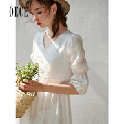 oece夏装女装法式v领很仙的高腰，白色连衣裙甜美超仙裙子