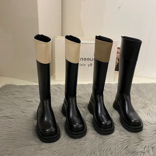香港厚底长筒骑士靴子女秋冬季2023小众拼色中跟复古时尚长靴