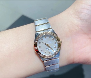 经典款星座情侣表女表，镶钻钢带瑞士石英，机芯小巧27mm贝壳面手表