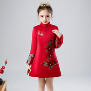 儿童旗袍公主裙唐装中国风女童，拜年服冬装，加厚保暖加绒红色新年服