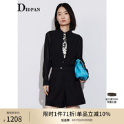 idpan通勤女装时尚，黑白花型领带黑色长袖，衬衣高端衬衫