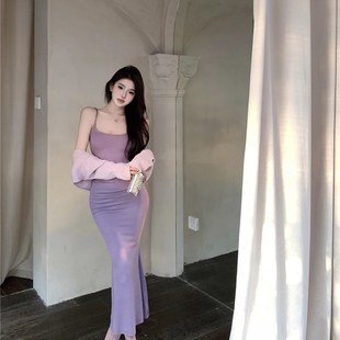 紫色吊带连衣裙女夏季辣妹性感包臀长裙修身收腰纯欲鱼尾裙子