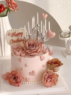 网红烛台蛋糕装饰摆件爱心珍珠生日快乐插件仿真玫瑰花七夕情人节