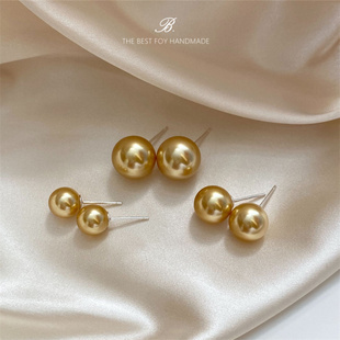 高品质羽皇南洋金珍珠(金珍珠，)耳钉925纯银，14k包金珍珠耳环女fever优雅