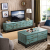 美式电视柜小户型实木手绘复古做旧蓝色，彩绘地中海茶几储物柜套装