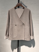 纯手工缝制双面羊绒v领短款大衣，时尚百搭灰驼色简约毛呢外套女装