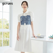 gcrues牛仔拼接假两件款连衣裙2024设计感白色衬衫裙子夏季女