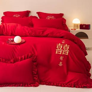结婚红色床罩四件套婚庆，床上用品喜被刺绣，婚嫁被套花边床裙款新婚