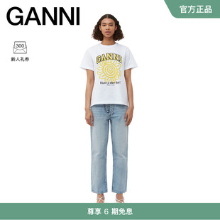 ganni女装黄色花朵印花圆领，宽松纯棉短袖t恤衫t3689151