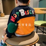 日系潮牌男女儿童装 宝宝春季纯棉拼接可爱字母毛圈长袖卫衣