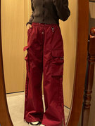 酷妹爵士舞街舞红色工装裤女美式复古高街风机能阔腿裤休闲运动裤