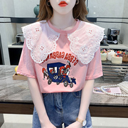 夏季韩版蕾丝娃娃领纯棉短袖T恤女设计感减龄洋气宽松显瘦ins上衣