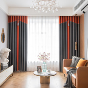 中式轻奢高档时尚绿黄橙灰拼接遮光窗帘布客厅卧室遮阳防晒定制
