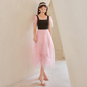 夏复古方领飞飞袖连衣裙气质网纱拼接粉色长裙收腰显瘦高级感