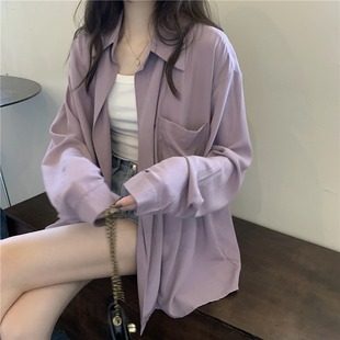 法式紫色长袖雪纺衬衫，上衣女夏季小个子宽松衬衣，外搭防晒开衫外套