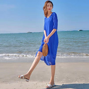 裙子女2023夏天蓝色雪纺连衣裙，薄款高腰包(高腰包，)臀气质沙滩长裙超仙