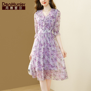丹慕妮尔法式优雅紫色v领雪纺连衣裙女夏气质收腰印花裙