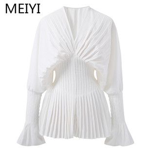  小众设计白色衬衫ins风V领喇叭袖百褶束腰显瘦长袖上衣女