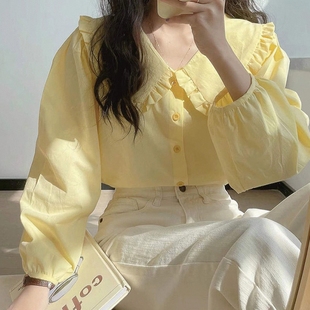 春秋奶黄色长袖衬衫女chic法式复古娃娃，领上衣设计感小众奶甜衬衣