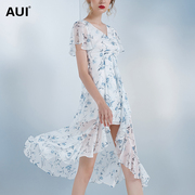 aui设计感碎花雪纺连衣裙，女夏2023裙子，荷叶边法式不规则长裙