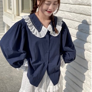 韩国chic春季设计感精致蕾丝花边拼接娃娃领灯笼袖衬衫女大码上衣