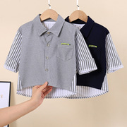 儿童秋季长袖条纹衬衫韩版中大童男童装，翻领衬衣纯棉衬衣外套