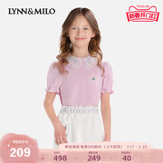 LYNNMILO琳麦罗女童T恤2024夏季紫色丝光棉短袖洋气水溶翻领上衣