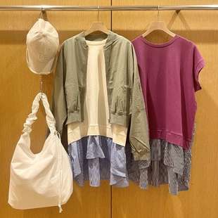 日本beams系列分层裙式后摆条纹拼接长款裙式t恤文艺范宽松(范宽松)纯棉