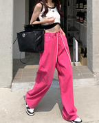 玫粉色设计感牛仔裤女2024春季松紧腰，系带直筒裤高腰阔腿长裤