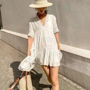 欧美外贸白色连衣裙ins博主度假裙子法式深V短袖设计感跨境女装